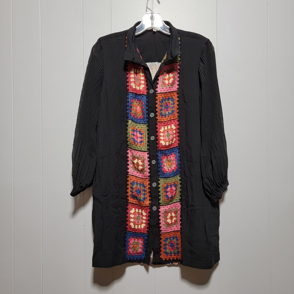 John Mark Black Crochet Patchwork Boho Long Sleev… - image 1